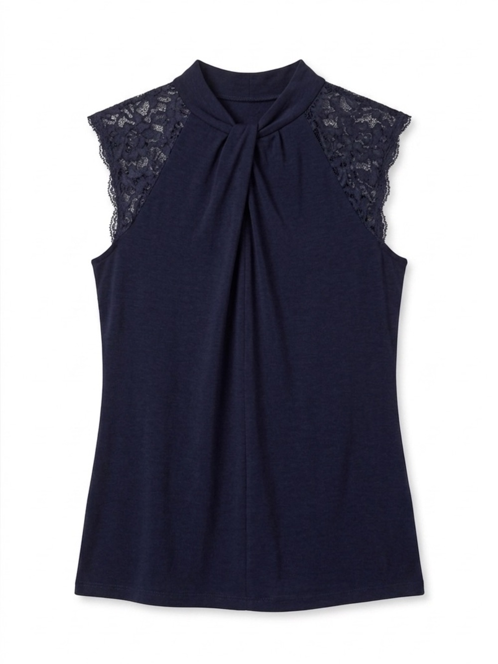 Cable & Gauge Black Lace Shoulder Twist Front High Neck Top Women’s Medium